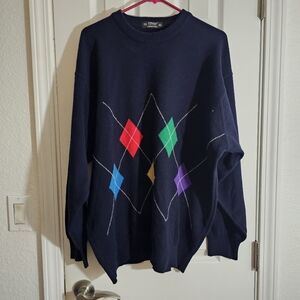 St. Michael Lambswool Navy Sweater with Multicolor Argyle Pattern